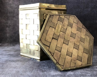 Vintage woven brass hexagon canister w lid