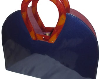 Vintage 50s BOBBIE JEROME Large Blue Patent Handbag with Horseshoe-shaped Bakelite or Lucite Handles MOD