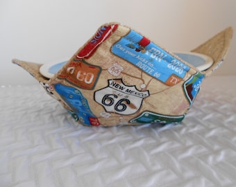 Microwave Bowl Cozy. Route 66 Cozy, Soup Bowl Warmer, Ice Cream Bowl Holder, Hot Cold Bowl Holder, Fabric Bowl Cozie, Reversible Cozy