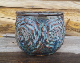 Pottery French Butter Crock, Blue butter dish, Flowers, Butter Dish, Ceramic Butter Crock, Butter Jar, Butter Keeper, Roses, flower garden
