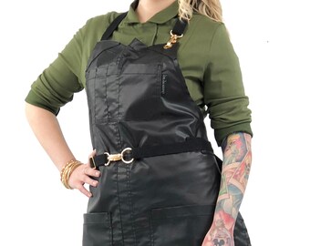 No-Tie Apron - Coated Black - Gold Hardware - Split-Leg - Small Size