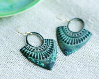 Verdigris Bohemian Earrings Patina Boho Earrings Art Deco Dangle Earrings Rustic Drop Earrings - E274