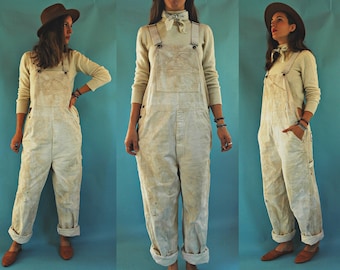 1970s Caboose Tea Stained White / Cream Painters Work Overalls / Mens M - Womens L