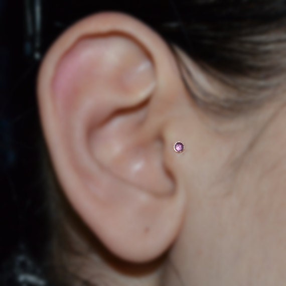 Gold Tragus Stud 2mm Amethyst - Nose Stud - Tragus Piercing - 20g Cartilage Hoop Earring - Forward Helix Earring - Tragus Earring