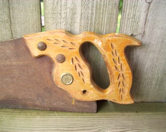 Vintage Hand Saw, Warranted Superior, Wheat Carved, Father's Day, Wooden Handle, Man Cave, Home and Living, Gift for Dad, Brass Medallion,