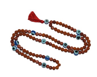 Invoking Energy Sunstone Mala Beads Necklace Blue Evil Eye Stone Rudraksha Yoga Stress jewelry