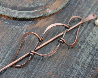 Hair slide, hair stick, hair pin oxidized copper and pearl hair barrette "Locking vines"