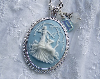 Goddess Cameo Necklace - Diana - Artemis - Huntress - Goddess of the Hunt - Forest - Woodland Wedding - Nature - Blue and White - long chain