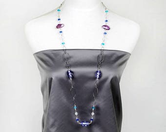 Handmade Raw Amethyst Long Necklace Rough Cut Amethyst Stone Fused Glass Long Silver Necklace February Birthstone Gift for February Birthday
