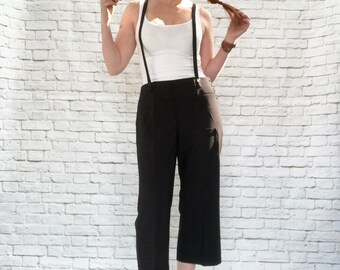 Vintage 90s Suspender Cropped Pants Ska Black Goth Menswear L Capris Avant Garde Tuxedo Cuffed