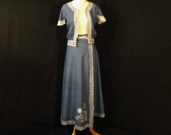 Boho Hippie Blue & White Embroidered Wrap Skirt Cropped Top S/M