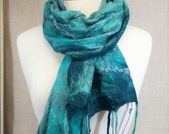Green, Teal, Aqua nuno felted scarf