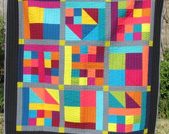 Geometric Quilt | Modern Quilt Throw | Handmade Quilt | Peach, Purple, Green, Turquoise, Teal Quilt | Lap Quilt | Bright Colors