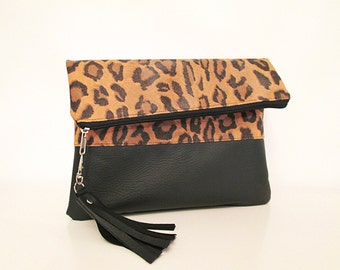 Leopard Clutch Purse, Fold over, Animal Print , Black , Tassel