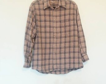 Brown Plaid Flannel Shirt Vintage Flannel Button Up Men's Vintage Brown and Blue Checkered Shirt Vintage Cotton Shirt 90s Grunge Flannel Top