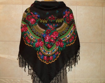 SALE! Big BLACK Folk SCARF Ukrainian Russian Shawl Floral Shawl, Ethnic Shawl With Tassels.50"x48" (127cm x 122cm) Wool, Acrylic.