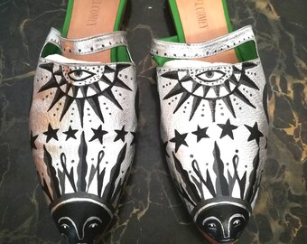 Hand Painted Celestial Silver Mules / Rachel Comey Silver Mules / Women's Size 7