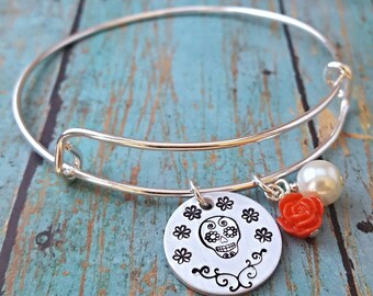 Sugar Skull Bracelet - Sugar Skull Jewelry - Sugar Skull - Dia de los Muertos - Gift for Her - Skull - Skull Bracelet - Flowers
