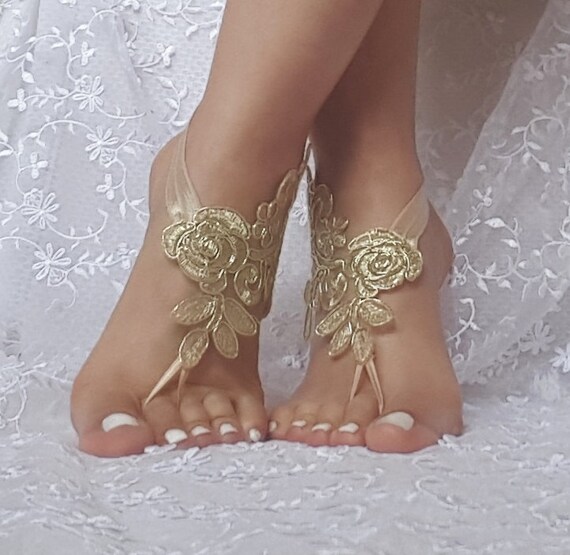 Gold beach sandals barefoot lace bridal burlesque wedding shoe sexy bellydance show party beachlife