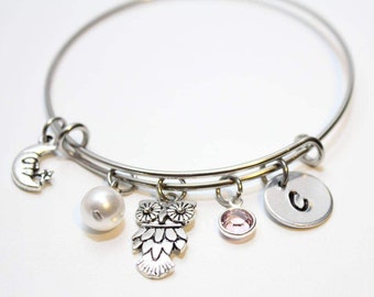 personalized owl bracelet, owl initial bracelet, owl bangle, owl jewelry, owl charm bracelet, owl theme gift, owl initial bangle, owl theme