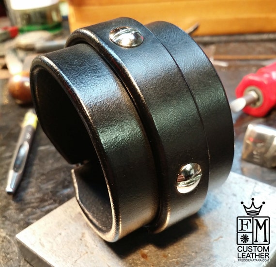 Leather cuff bracelet Black bridle leather wristband Hand worked and made for You in Brooklyn USA by Freddie Matara