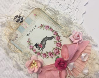 Easter Bunny Tag Large Tag Bunny Art Tag Rose Lace Tag, Mixed Media Art Tag, French Gift Tag