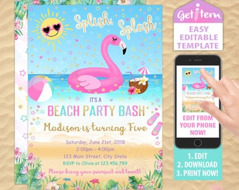 Flamingo Beach Party Invitation, Flamingo Birthday Invitation, Flamingo Editable Invitation, Edit With Your Phone id: FBP_339