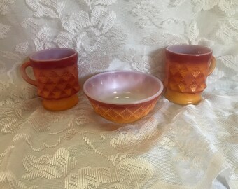 Fire King Red & Orange Kimberly Mugs and Berry/Soup/Cereal Bowl - Ombre/Milk Glass/ Diamond Pattern ~Anchor Hocking ~ 2 Mugs/ 1 Berry Bowl