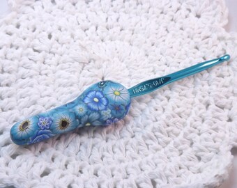 Extra Large Ergonomic Handled Green Millefiori Floral Polymer Clay Covered Crochet Hook Boye J