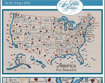 SUE HILLIS DESIGNS America The Beautiful cross stitch patterns map of the UsA United States travel Europe