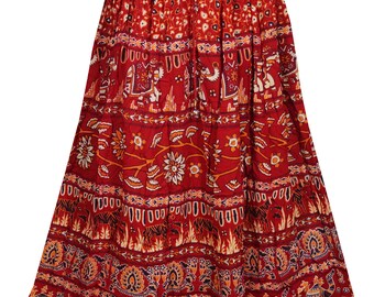Animals On Parade Cotton Printed Long Skirt Red Beautiful Flare Gypsy Maxi Skirts