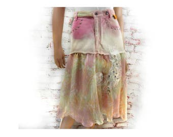 altered jean skirt - pink skirt - Eco-friendly skirt - Mori girl skirt - Upcycled pink skirt , tattered skirt - Size 7 # 5