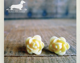 DOLLAR DEAL! Dawn's Dew. Rosebud Post Earrings -- (Vingage-Style, Yellow Roses, Flower Roses, Cute, Shabby Chic, Bridesmaid Gift Under 5)