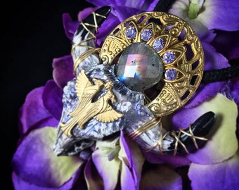 Cleopatra's Guard - Purple/ Rainbow Flash Labradorite w/ Swarovksi Fan & Vintage Adornments Enlighten Longhorn Necklace
