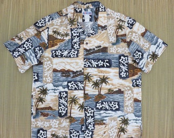 Mens Hawaiian Shirt ALOHA LINE Surfer Scene Outrigger Canoe Aloha Shirt Vintage Tropical Print 100% Cotton Camp - L - Oahu Lew's Shirt Shack