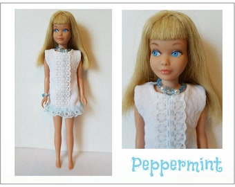 Vintage SKIPPER & SKOOTER Doll Clothes - PEPPERMINT Dress and Jewelry - Custom Fashion - by dolls4emma