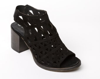 Women's sandals black suede, women's suede heels black, black suede high heel sandals, womens leather handmade shoes black, laser cut shoes