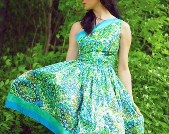 1950s one shoulder polished cotton paisley dress