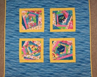 Quilt, Blanket, Ocean Fun, Crazy Quilt Blocks - Blue, Yellow, Pink, and Green. Handmade