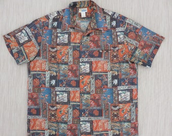Vintage Hawaiian Shirt 70s ANDRADE Asian Inspired Mosaic Japanese Gardens Mythical Creatures Aloha Shirt Mens - XL - Oahu Lew's Shirt Shack
