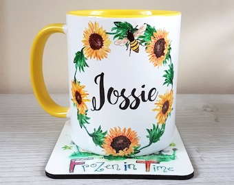 Personalised sunflower name mug floral wreath personalized mug custom coffee mug Teacher gift tea mug Gift for her Personalised mug bee
