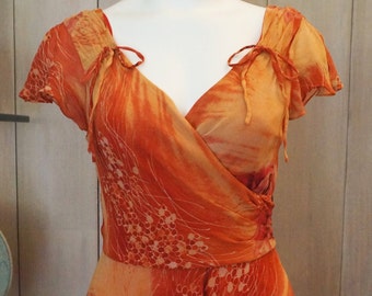 Free Shipping! Vtg. SUE WONG Orange Floral Silk Summer Dress- Size 8