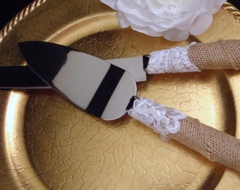 Vintage Lace and Rustic Charm Wedding Cake Server and Knife Set - Engraving Optional - Wedding Cake Knife Set - Engraved Cake Server