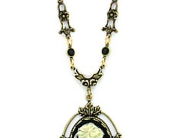 Handcrafted 24K Gold Plated Jet Black Crystal Vintage Victorian Style Cameo Necklace