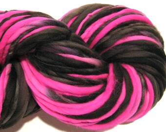 Handspun Yarn Boogie Nights 114 yards hot pink yarn black yarn hand dyed merino wool waldorf doll hair knitting supplies crochet supplies