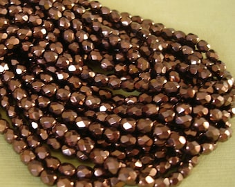 Fire Polished Round Glass Bead Coated Antique Copper Czech Beads, 4mm