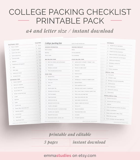 college student packing list printable semester dorm housing