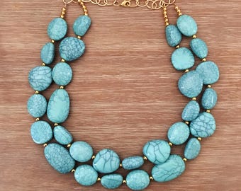 Blue Bead Necklace - Chunky Beaded Statement Necklace MultiStrand Blue