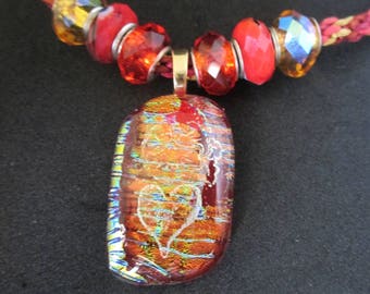 fused glass pendant, fused glass jewelry, unusual gift, dichroic pendant, kumihimo cord, dichroic glass, dichroic jewelry, art glass pendant