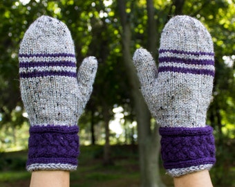 Gray & Purple Striped Mittens - Vegan Wrist Warmers - Winter Mittens - Gloves - Cable Knit - Stripe - Womens Gift - Gift for Her